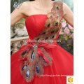 Red Lace Appliqued Strapless Floor Length Tulle Puffy Ball Gown Wedding Dress